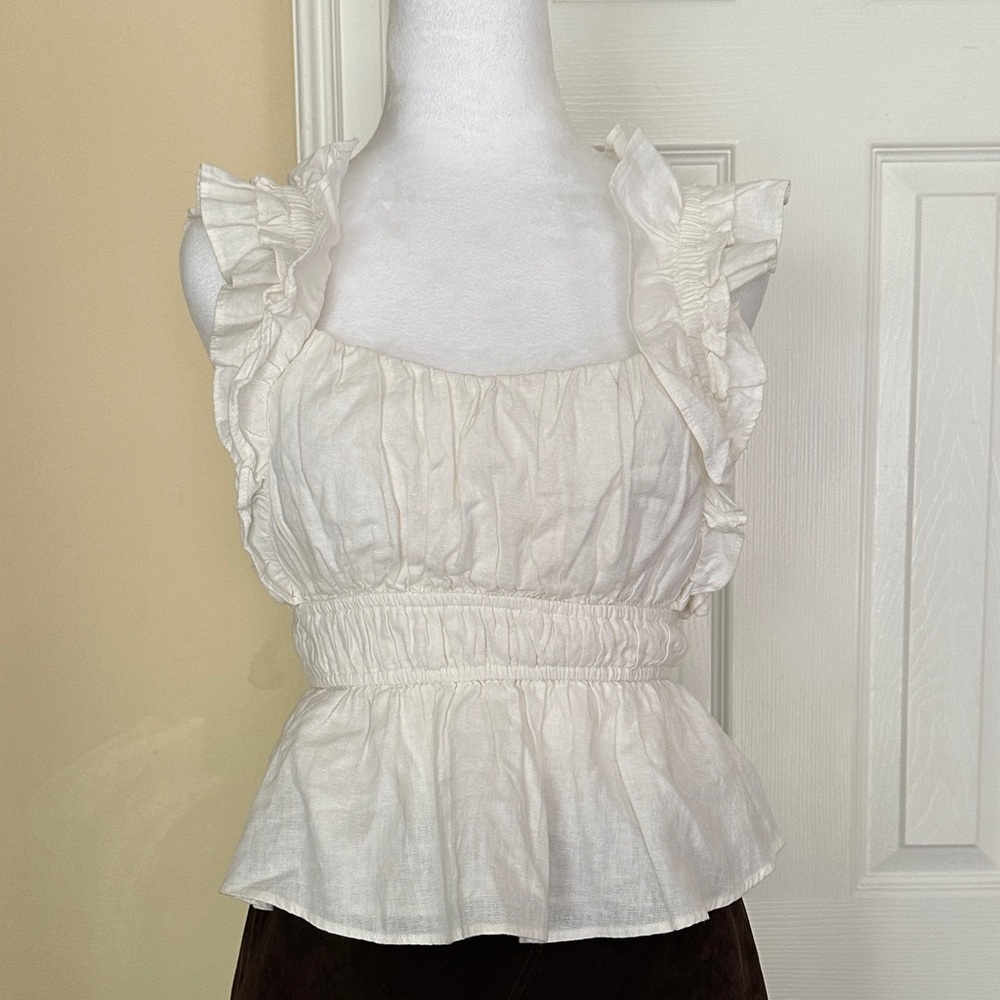 Abercrombie&Fitch Linen Blend Sleeveless Blouse Babydoll Milkmaid Ruffles FLAW